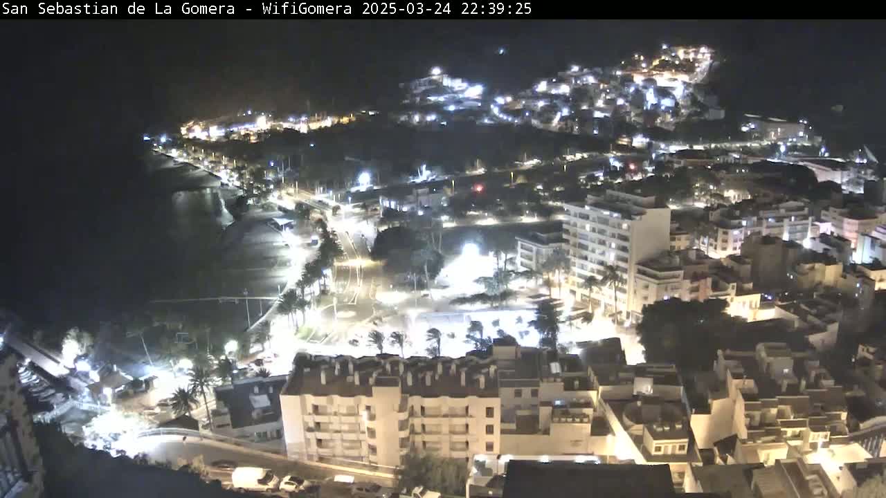 A nighttime aerial view of a coastal town, showing a dark ocean, brightly lit buildings, and streets with vehicles.