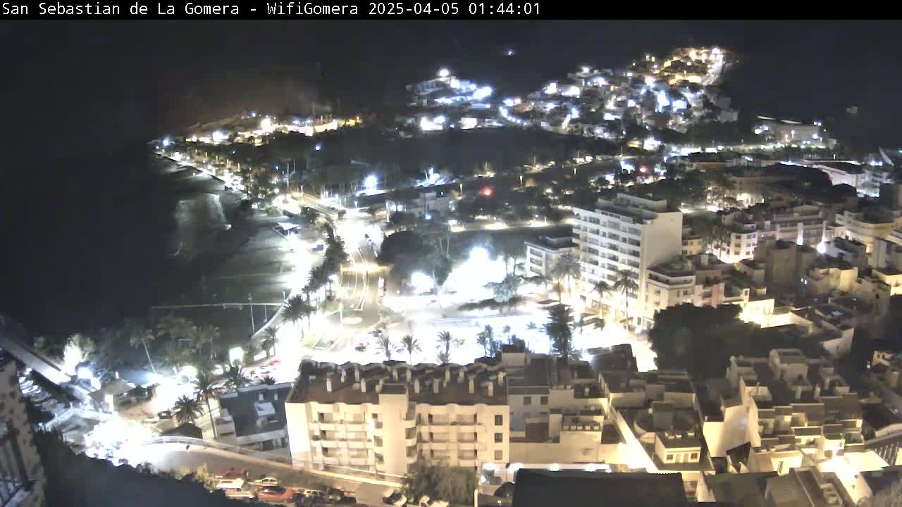 A nighttime view of a coastal town, illuminated with streetlights, shows buildings clustered along a dark beach and extending uphill.