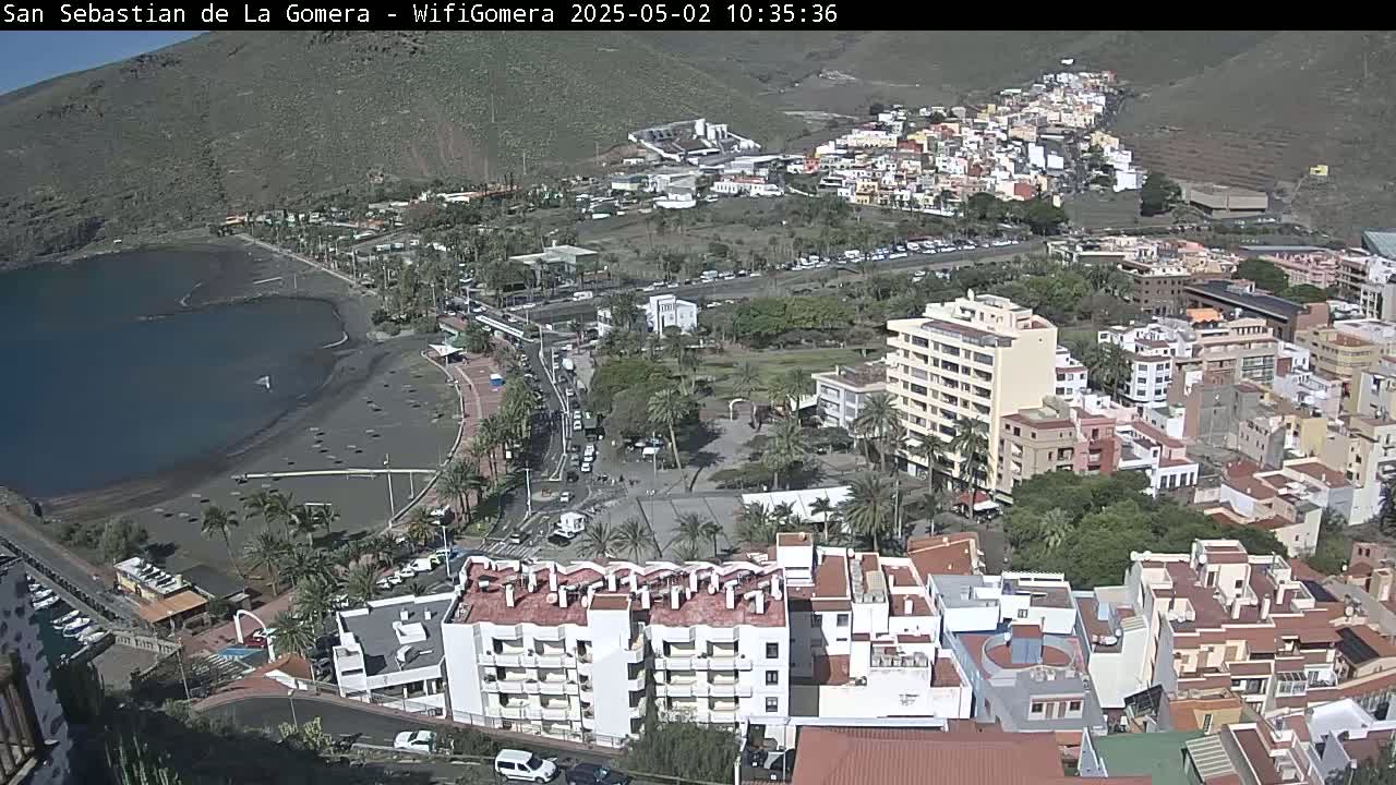 An aerial view shows a coastal town on a sunny day, with a dark-sand beach bordering a calm body of water, and numerous buildings nestled amongst palm trees and green spaces.