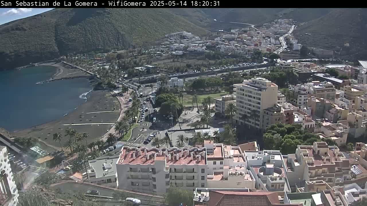 A coastal town with a black sand beach, buildings, and palm trees is seen on a sunny day.