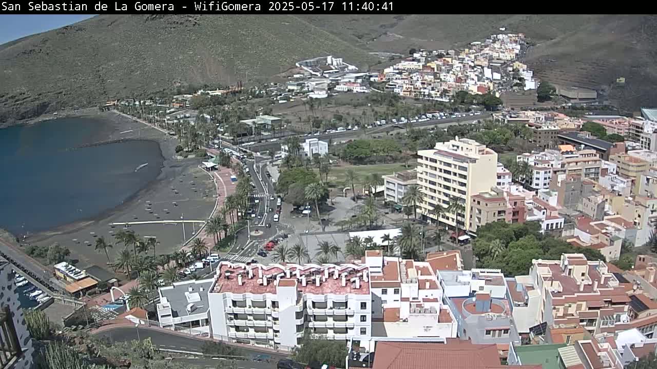 A coastal town with a dark-sand beach and calm water is viewed from above on a sunny day, showing buildings, palm trees, and roads.