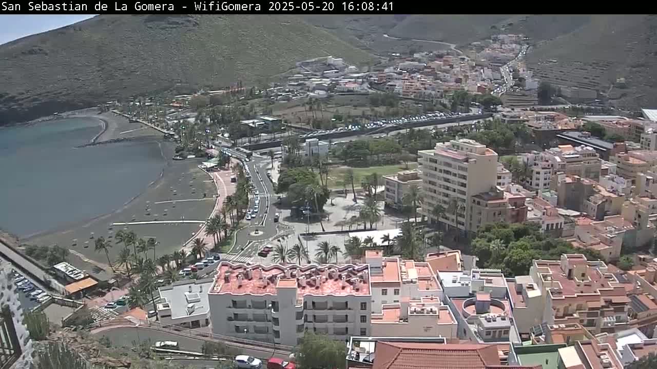 A coastal town with a dark-sand beach, under sunny skies, is viewed from an elevated vantage point, showing buildings and palm trees.