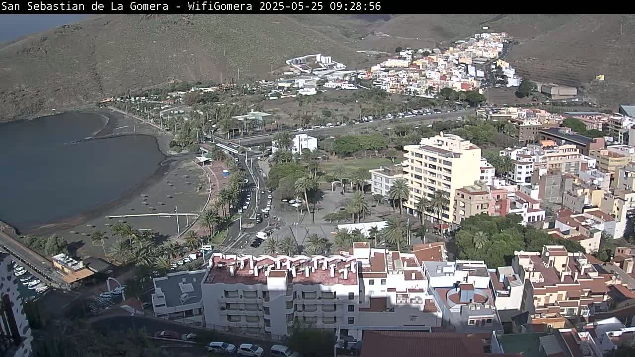 A coastal town with a dark-sand beach and calm water is viewed from above on a sunny day, showing buildings, palm trees, and parked cars.