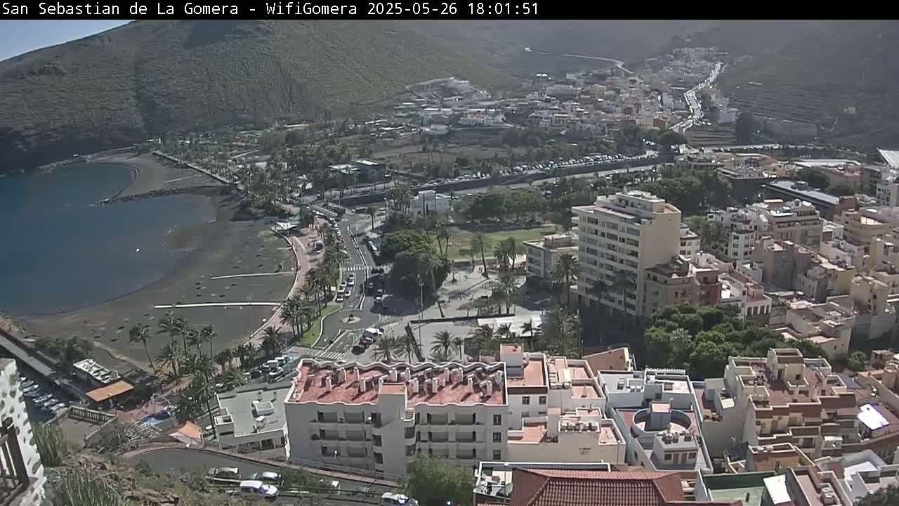A coastal town with a black sand beach and buildings nestled against a hillside under sunny skies.
