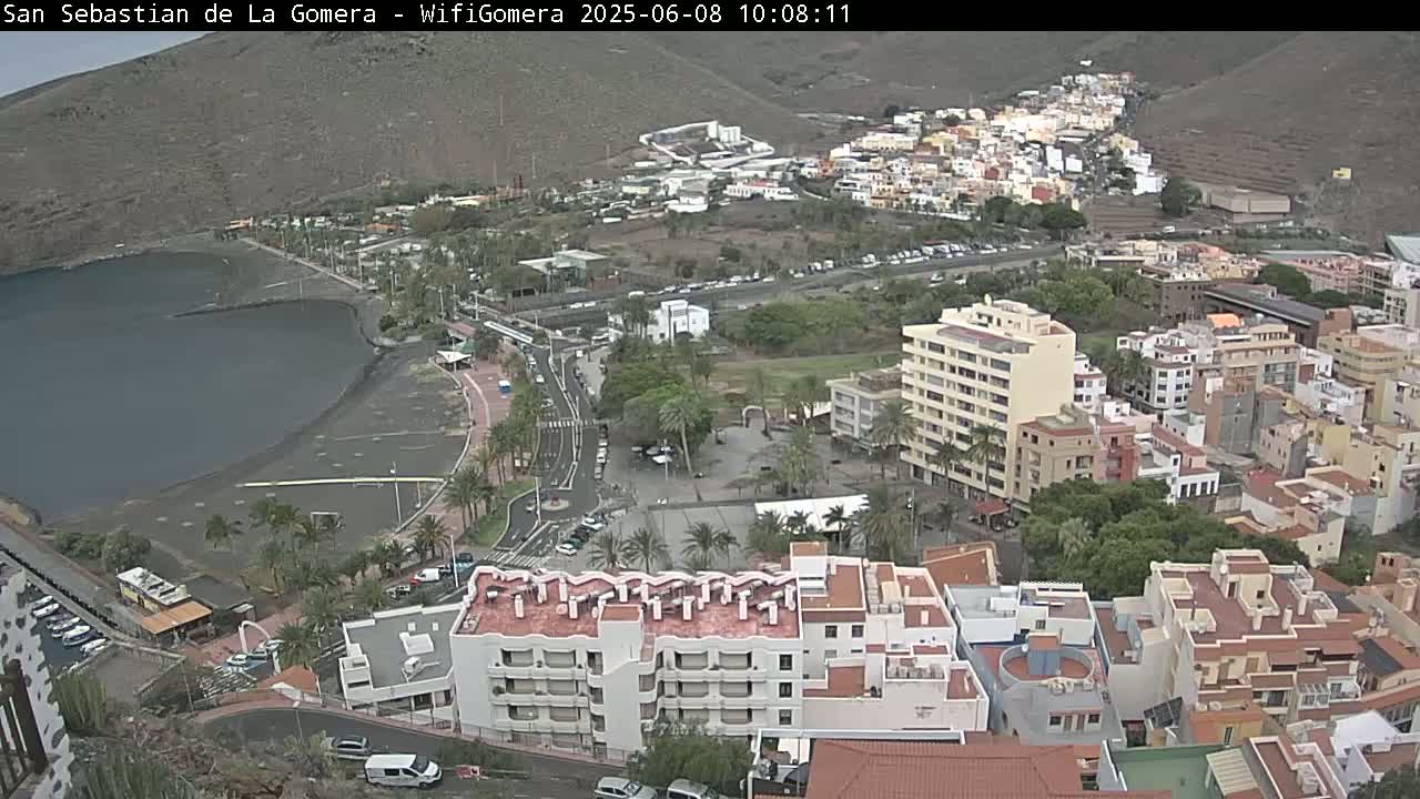 An overcast view of a coastal town with dark sand beaches, buildings, and palm trees.