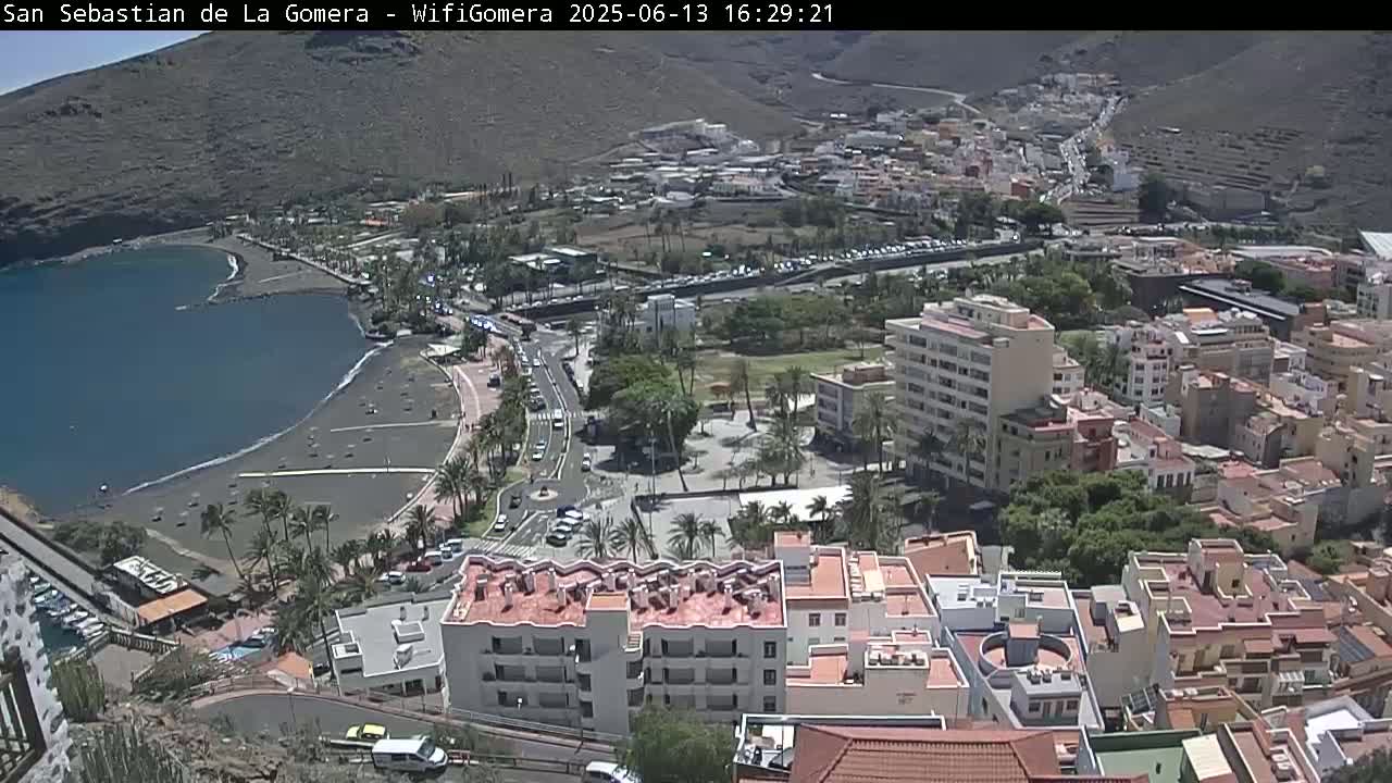 An aerial view shows a coastal town on a sunny day, with a black sand beach curving into a bay, palm trees lining the shore, and buildings rising up a hillside.