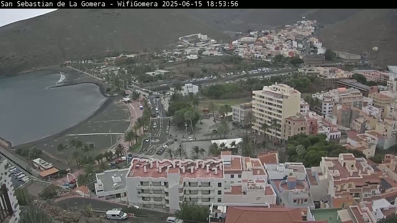 An overcast coastal town with a dark-sand beach, buildings of varying heights, and palm trees is viewed from above.