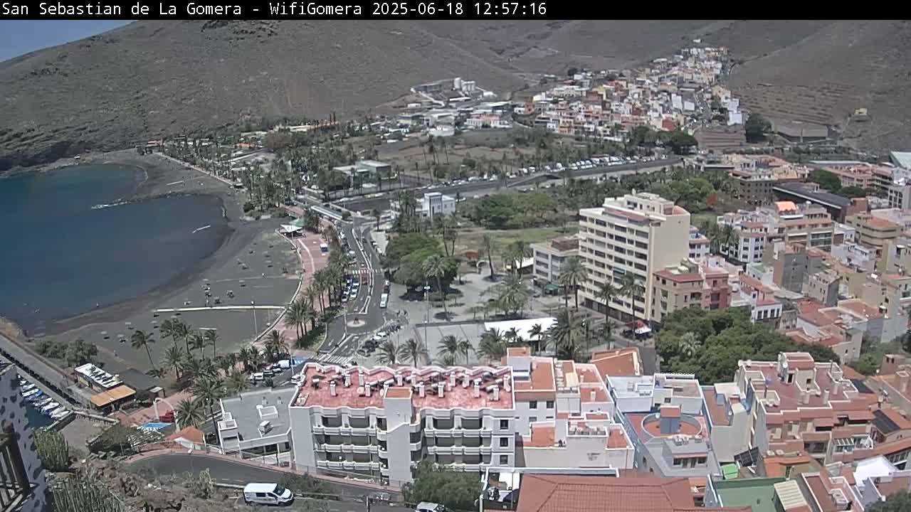 A coastal town with a black sand beach is viewed from above on a sunny day, showing buildings and palm trees.