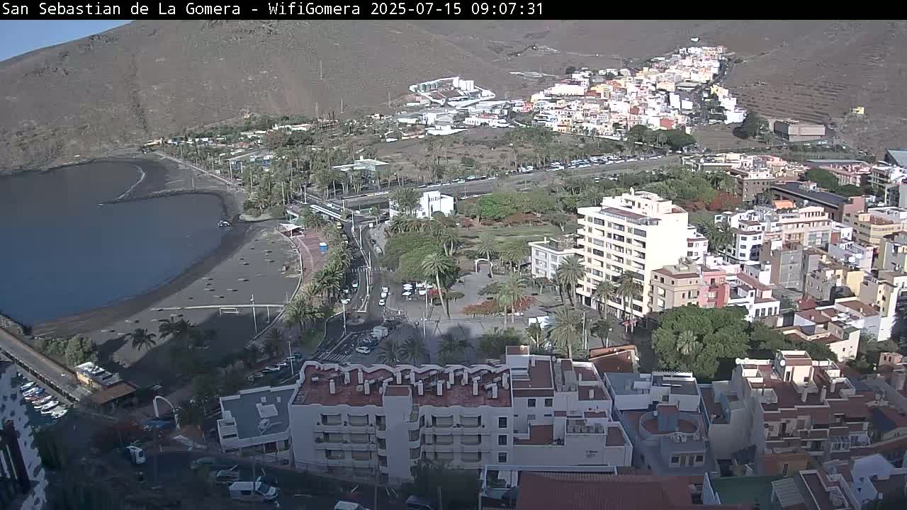 An aerial view shows a coastal town on a sunny day, with a dark-sand beach and calm water bordering a collection of buildings and palm trees.