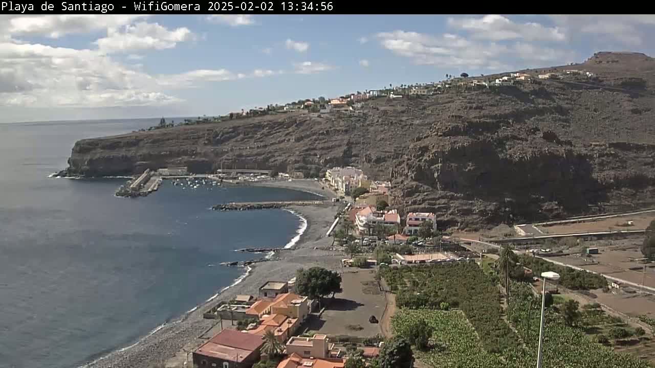 A partly cloudy day overlooking a dark-sand beach, a small harbor filled with boats, and a town nestled against a rugged, dark-brown cliffside.