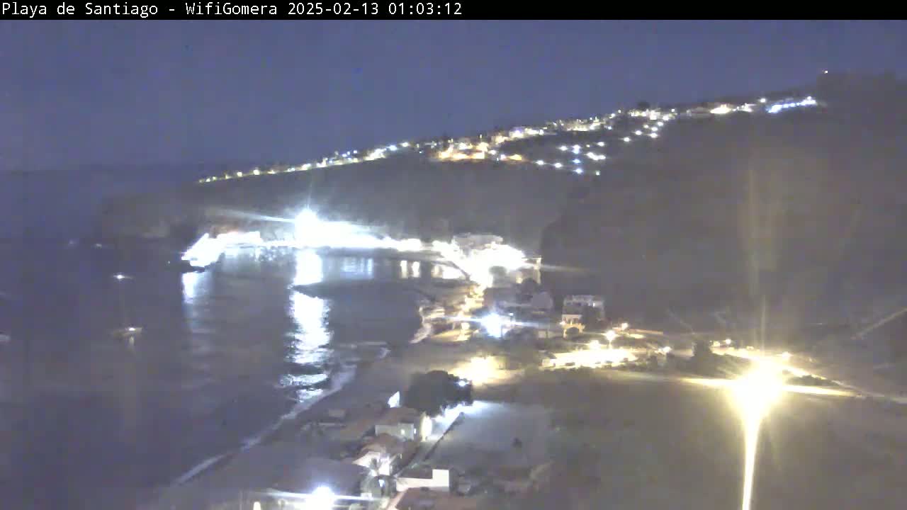 A nighttime aerial view of a coastal town with a dark ocean and hillside illuminated by lights.