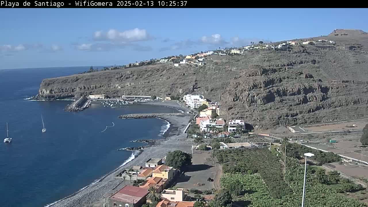 A mostly sunny day overlooks a dark-sand beach curving into a small harbor nestled between rocky hillsides and a calm ocean with a few sailboats.