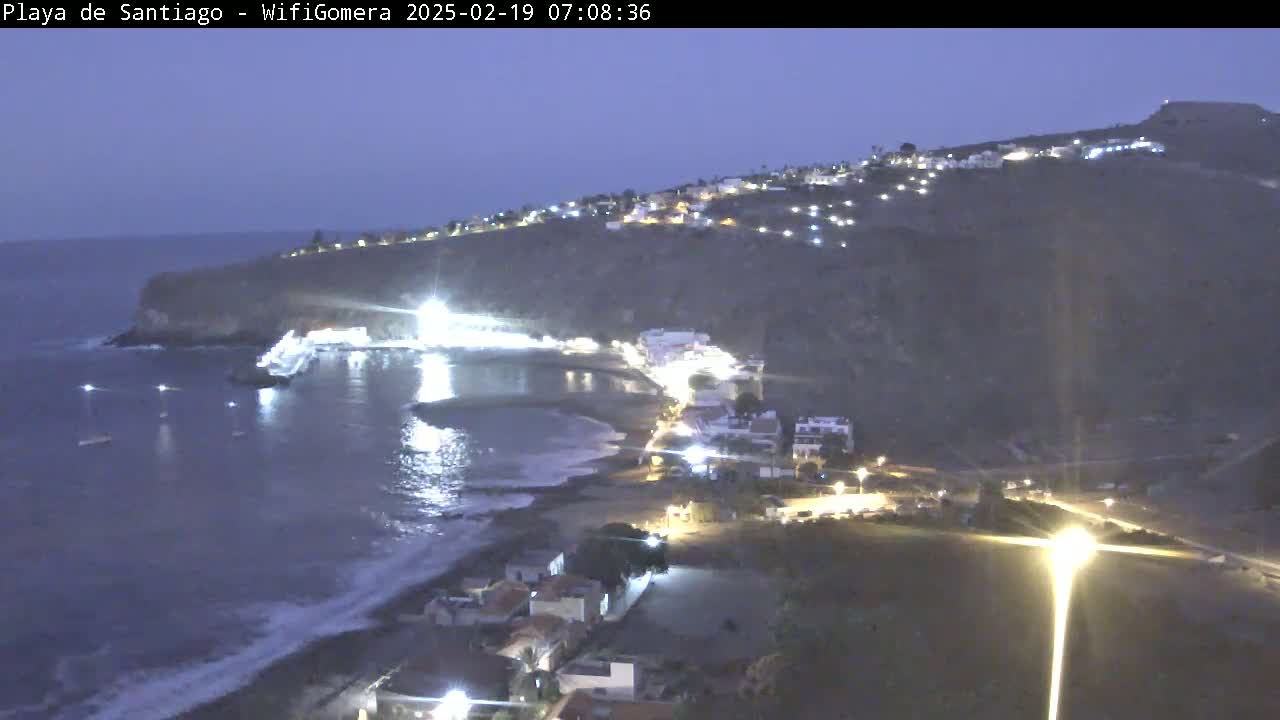 A nighttime coastal scene shows a dark, rocky hillside with illuminated buildings overlooking a dark ocean with gentle waves lapping a shoreline.
