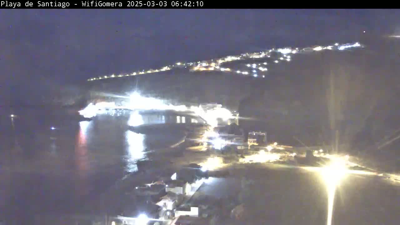 A nighttime, high-angle view shows a dark body of water reflecting the lights of a coastal town nestled on a hillside.