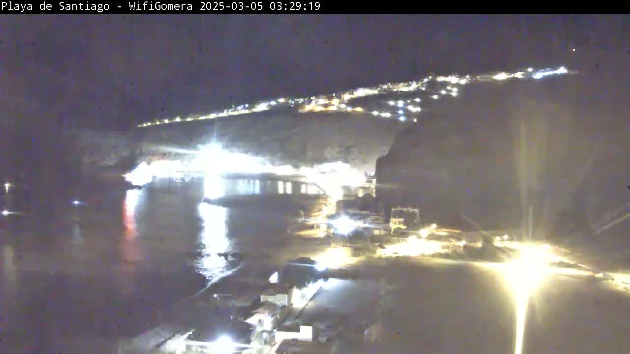 A nighttime, seaside town is illuminated, with lights reflecting on the calm water.