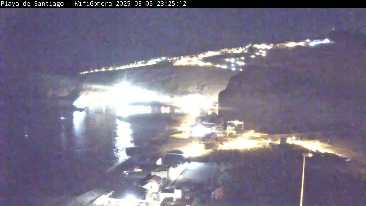 A nighttime, high-angle view of a coastal town with lights illuminating the buildings and roads along the shoreline, reflecting on a dark body of water.