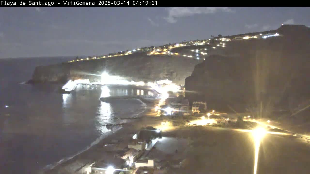 A nighttime view of a coastal town illuminated by lights, with a dark ocean and a partly cloudy sky.