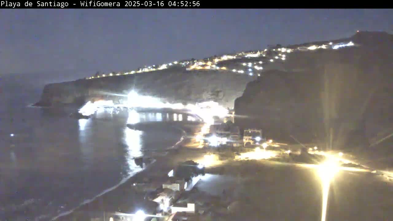 A nighttime coastal scene shows a dark body of water reflecting lights from a town built into a cliffside.