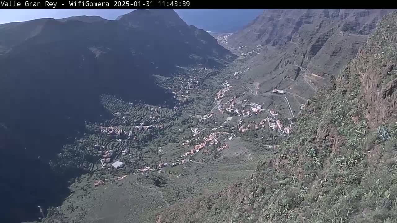 A high-angle view shows a valley town nestled between steep, rocky mountains on a sunny day.