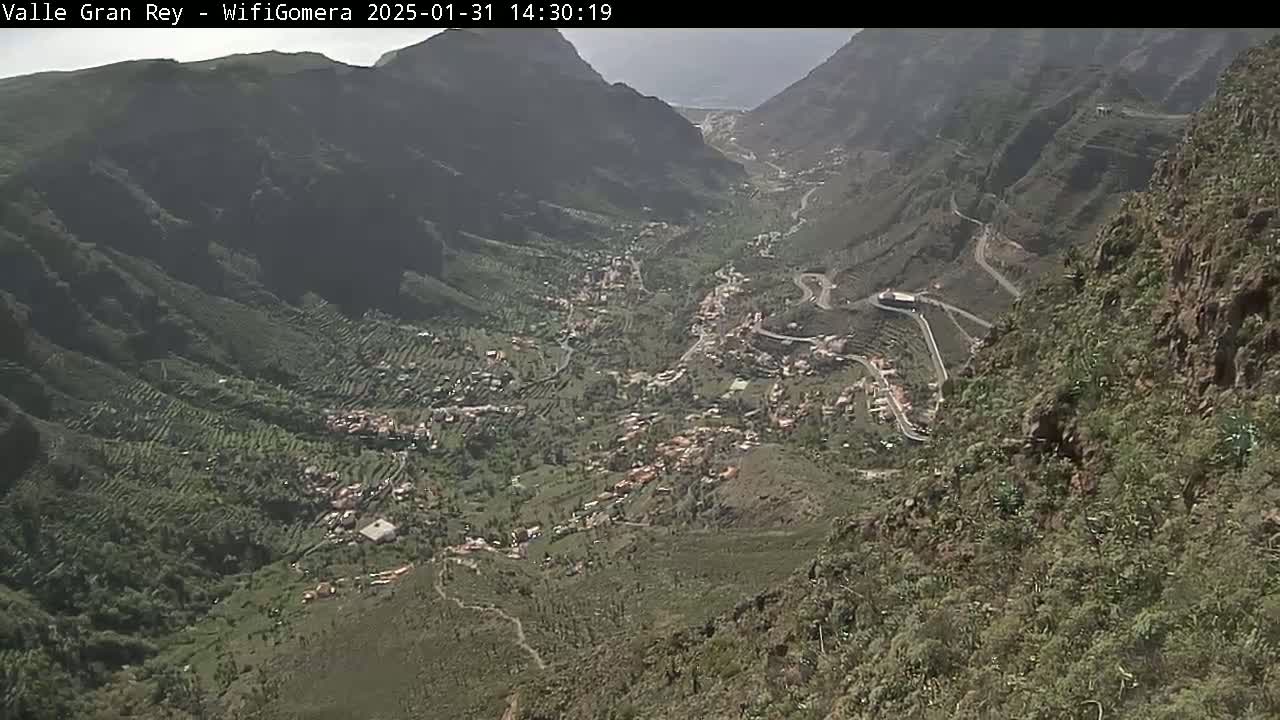 A high-angle view shows a valley town nestled between steep, mountainous terrain on a partly sunny day.
