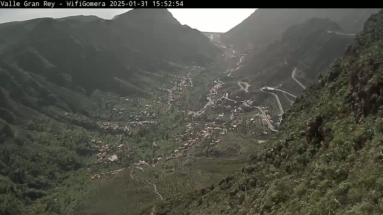 A hazy view from a high vantage point shows a valley town nestled between steep, winding roads carved into the mountainsides.