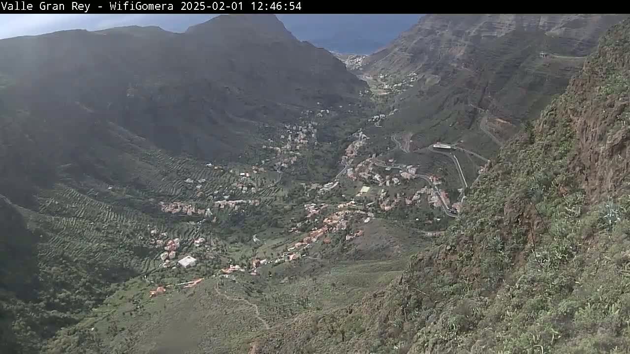 A mountainous valley town is visible from a high vantage point, with partially cloudy skies and a glimpse of the ocean in the distance.