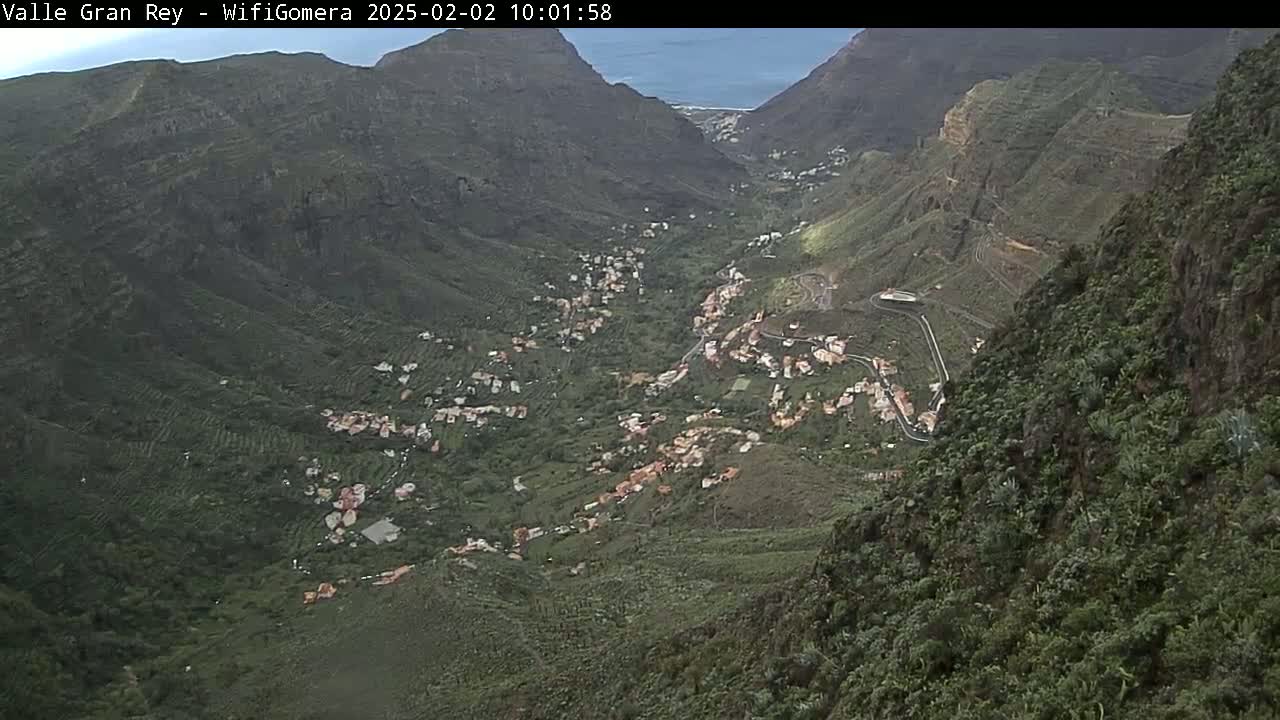 A mountainous valley with a small town nestled within, visible under partly cloudy skies.