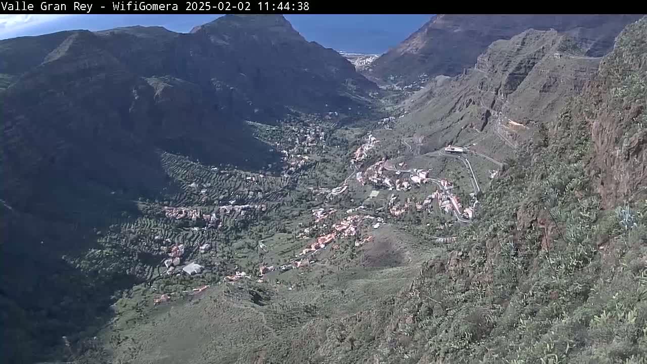 A high-angle view shows a town nestled in a valley between steep, rocky mountains on a partly sunny day.