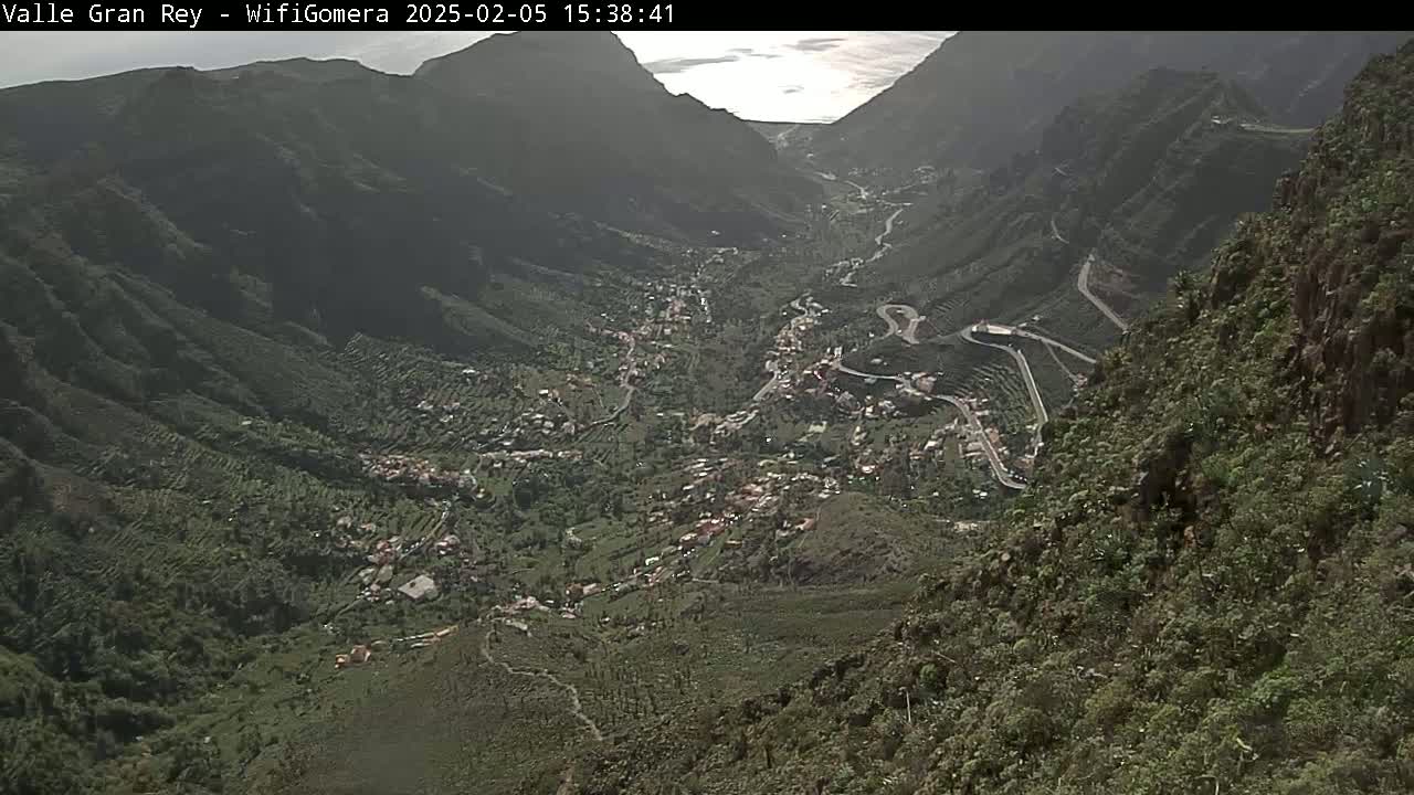 A high-angle view shows a valley town nestled between steep, green mountains on a partly cloudy day.