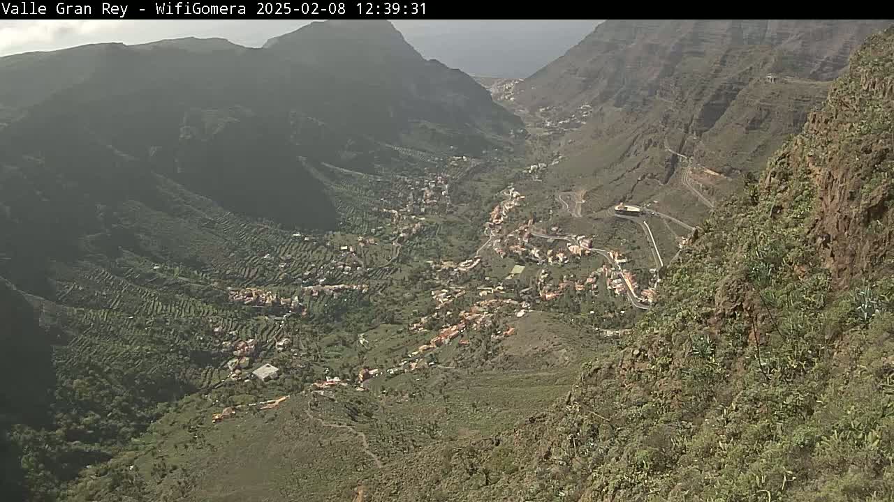 A high-angle view shows a valley town nestled between steep, dry mountains under a hazy sky.