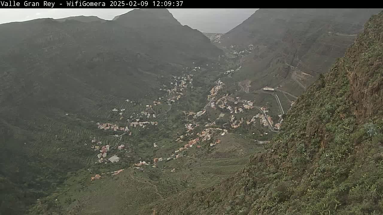 An overcast view from a mountaintop shows a valley with a small town nestled among green hills and a winding road.
