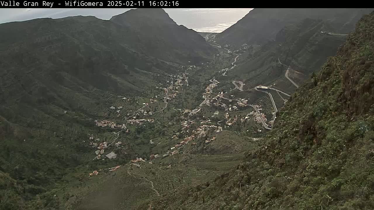 An aerial view shows a valley town nestled between steep, verdant mountains, with a winding road visible and an overcast sky.