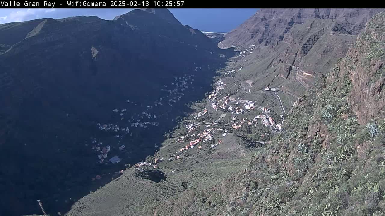 A high-angle, long shot on a sunny day shows a village nestled in a steep, rocky valley between mountains.