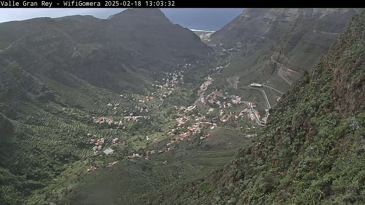 A high-angle view shows a mountainous valley with a town nestled within, under mostly cloudy skies.