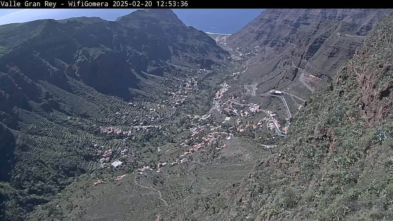 A high-angle view shows a valley town nestled between steep, rocky mountains on a clear day.