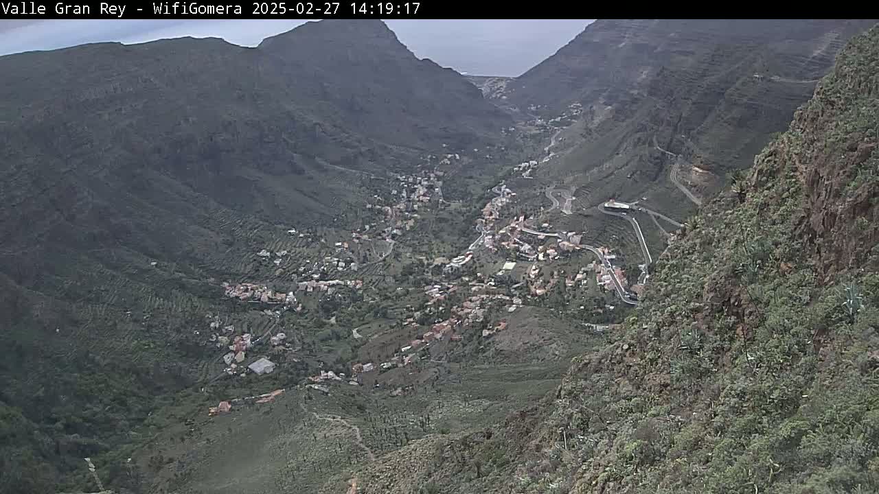 A high-angle view shows a valley town nestled between steep, rocky mountains under an overcast sky.