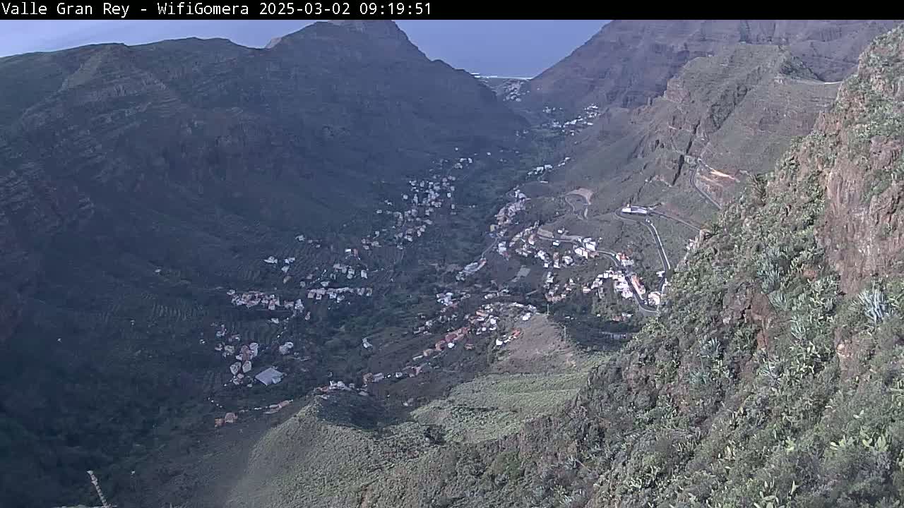 A mountainous valley town is nestled between steep, dark cliffs under a mostly clear sky.