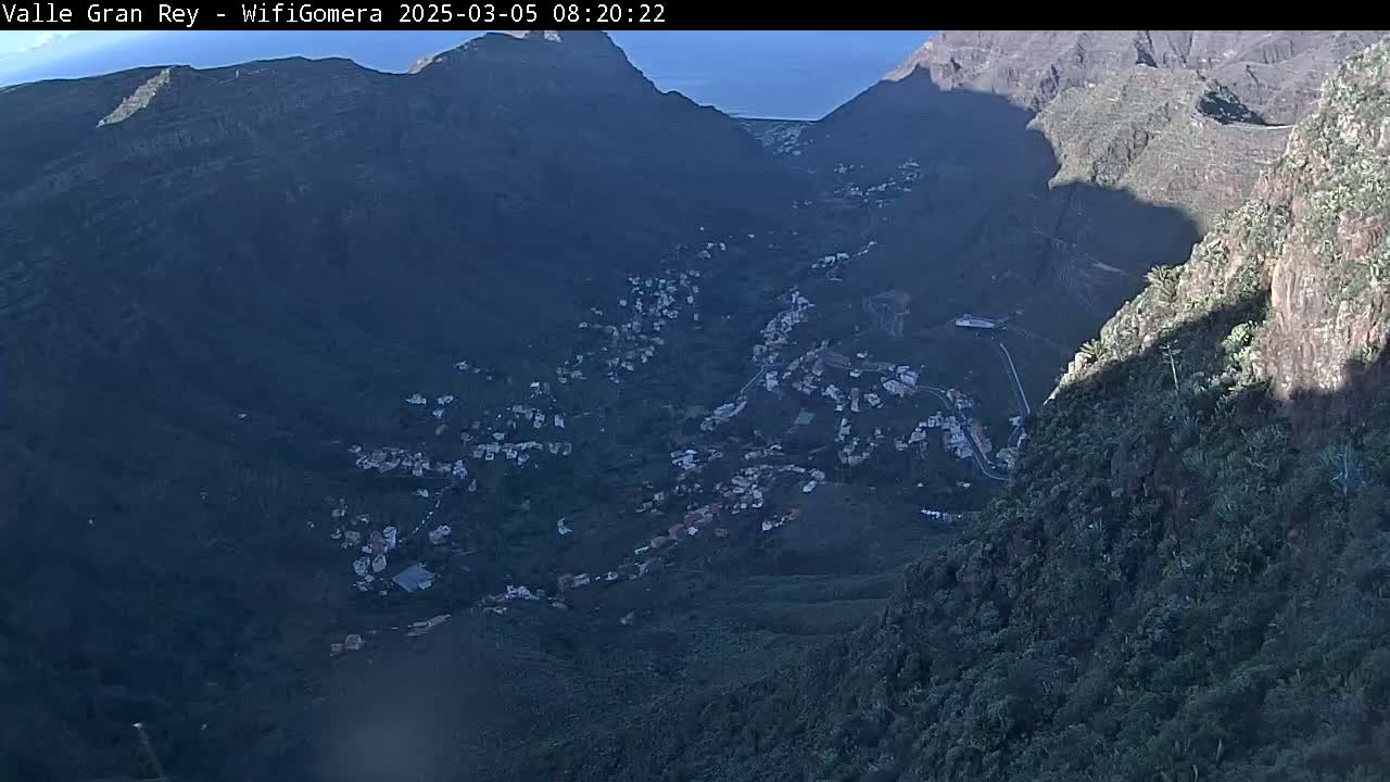 A high-angle view shows a valley with a small town nestled within mountainous terrain under bright, sunny conditions.