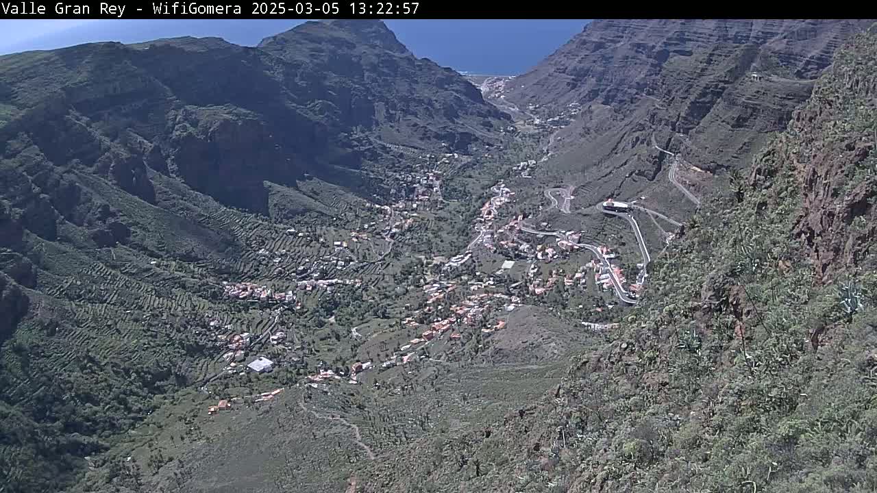 A high-angle view shows a village nestled in a mountainous valley on a sunny day.