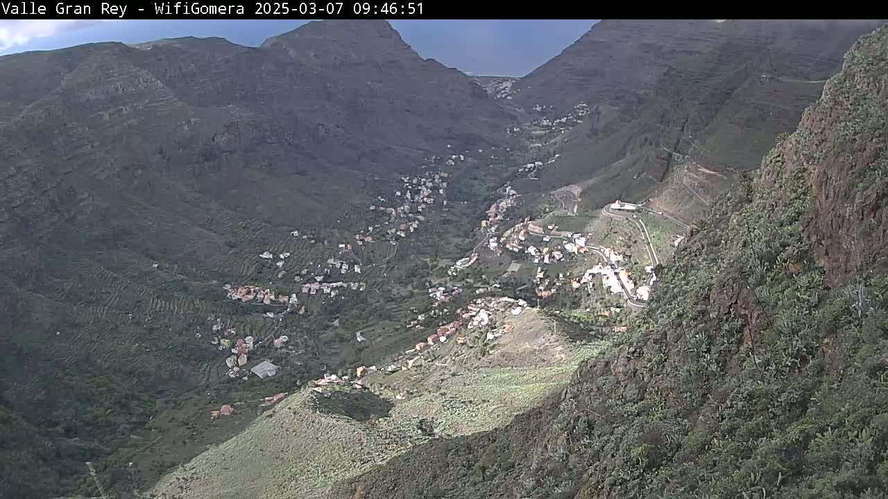 A partly cloudy day reveals a mountainous valley with a small town nestled within terraced hillsides.
