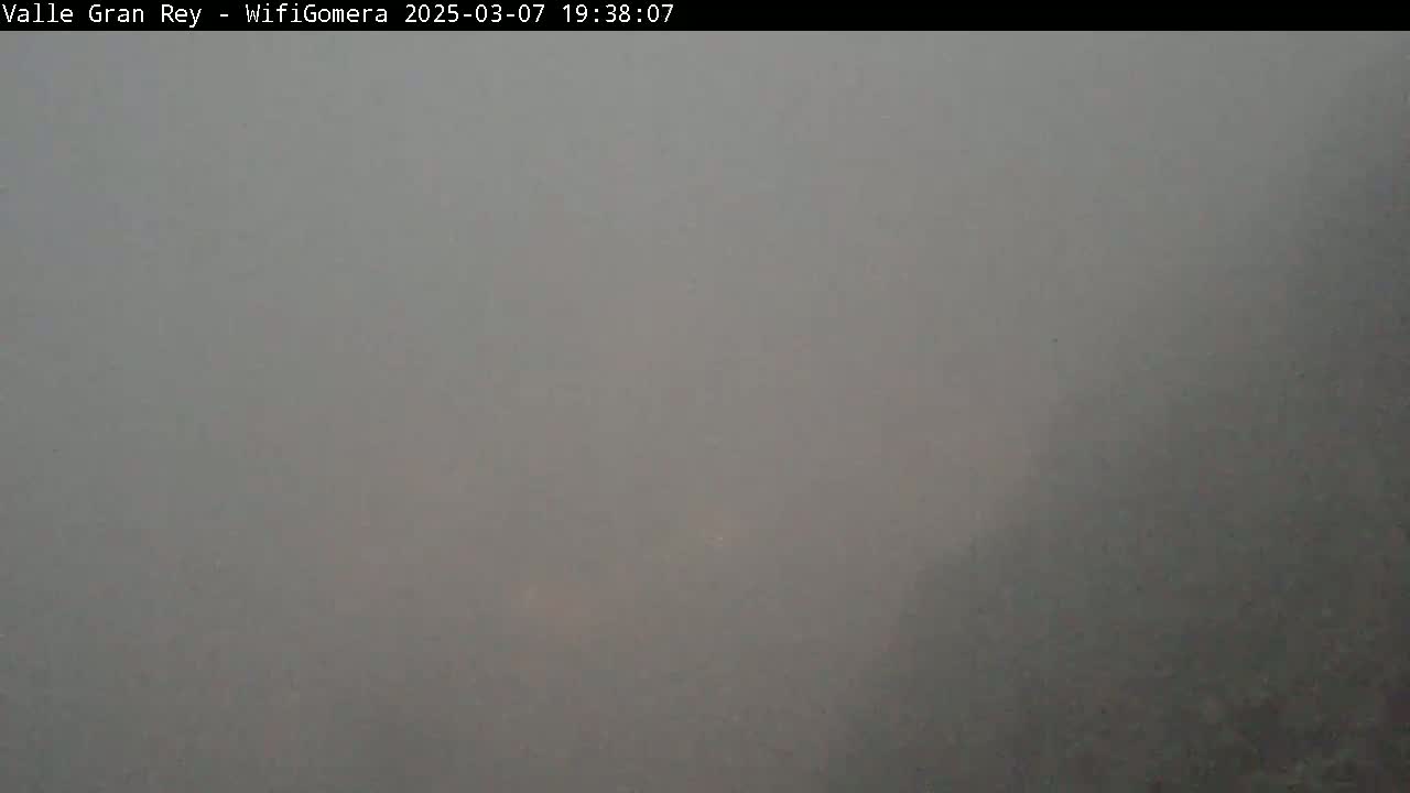 A thick fog obscures the view of an outdoor scene.