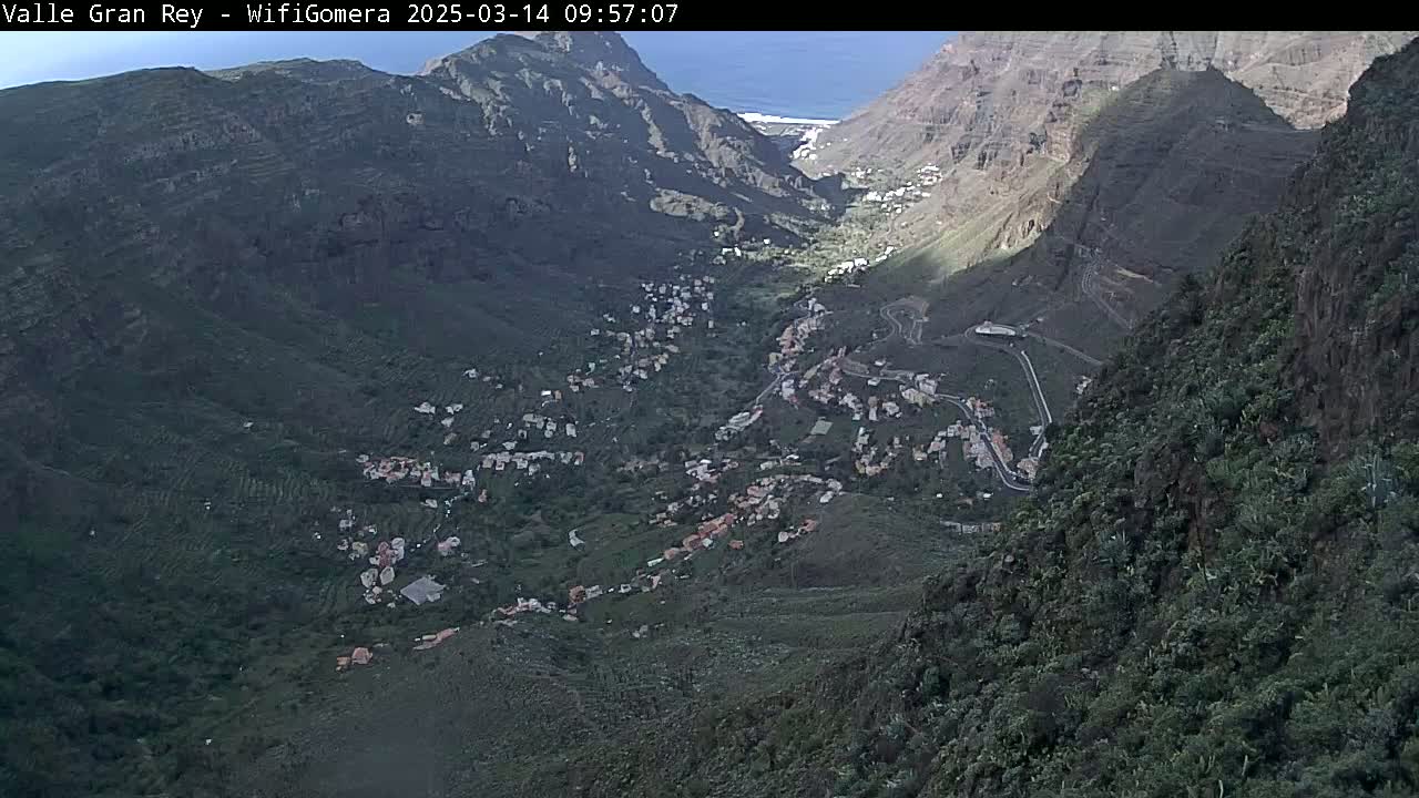 A high-angle view shows a town nestled in a verdant valley between steep, dark mountains under a mostly clear sky.
