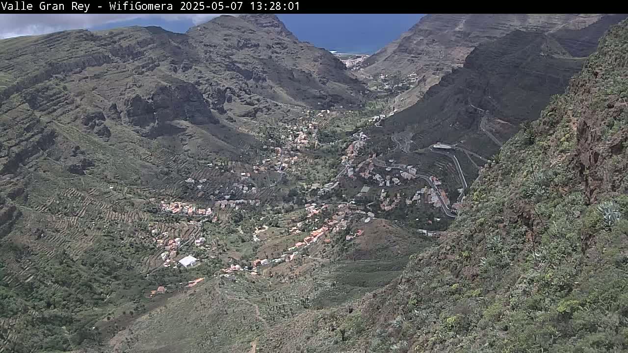 A high-angle view shows a village nestled in a valley between steep, rocky mountains under a mostly sunny sky.