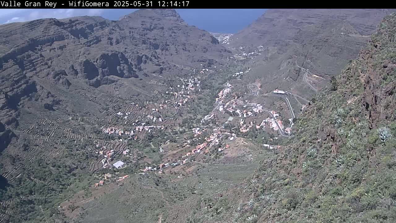 A mountainous valley with a small village nestled within, under sunny skies.
