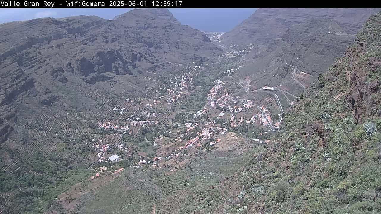 A high-angle view shows a town nestled in a valley between steep, rocky mountains under a mostly clear sky.