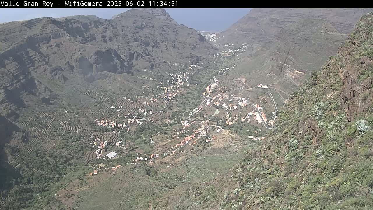 An aerial view shows a village nestled in a valley between steep, rocky mountains on a clear day.
