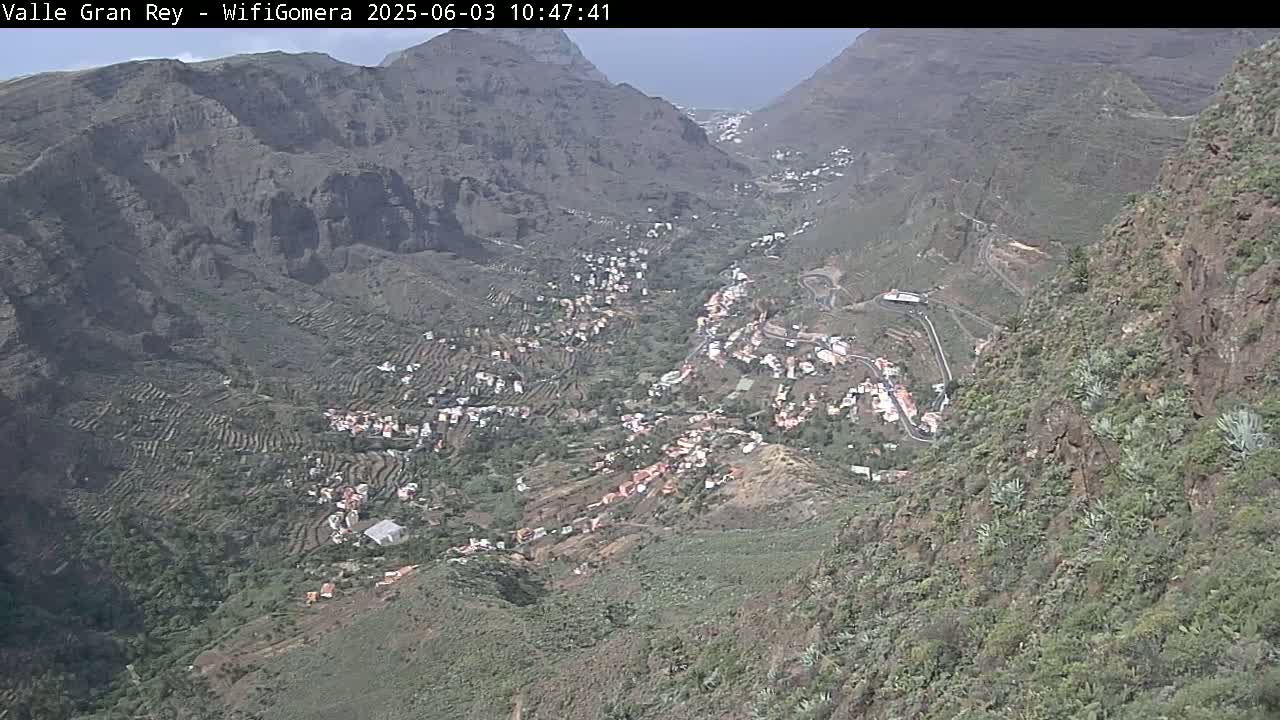 An aerial view shows a valley town nestled between steep, rocky mountains under partly cloudy skies.