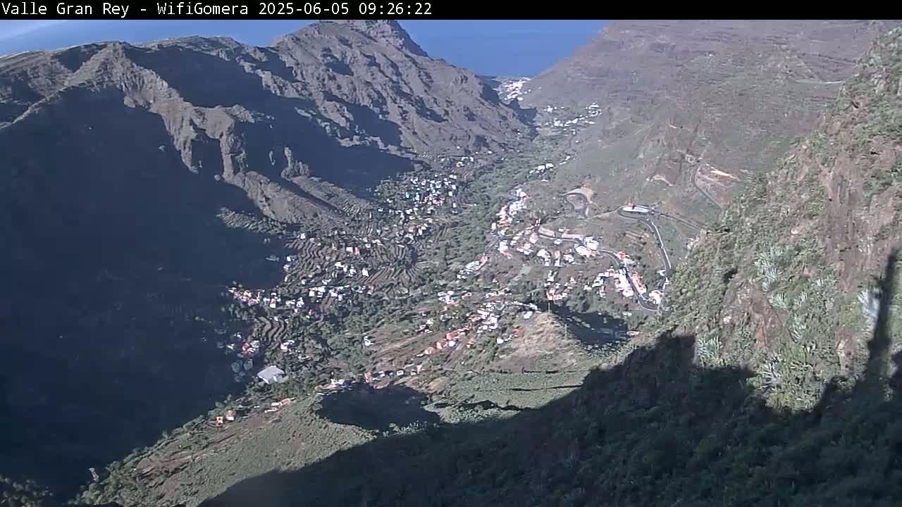 A high-angle view on a sunny day shows a town nestled in a valley between steep, rocky mountains.