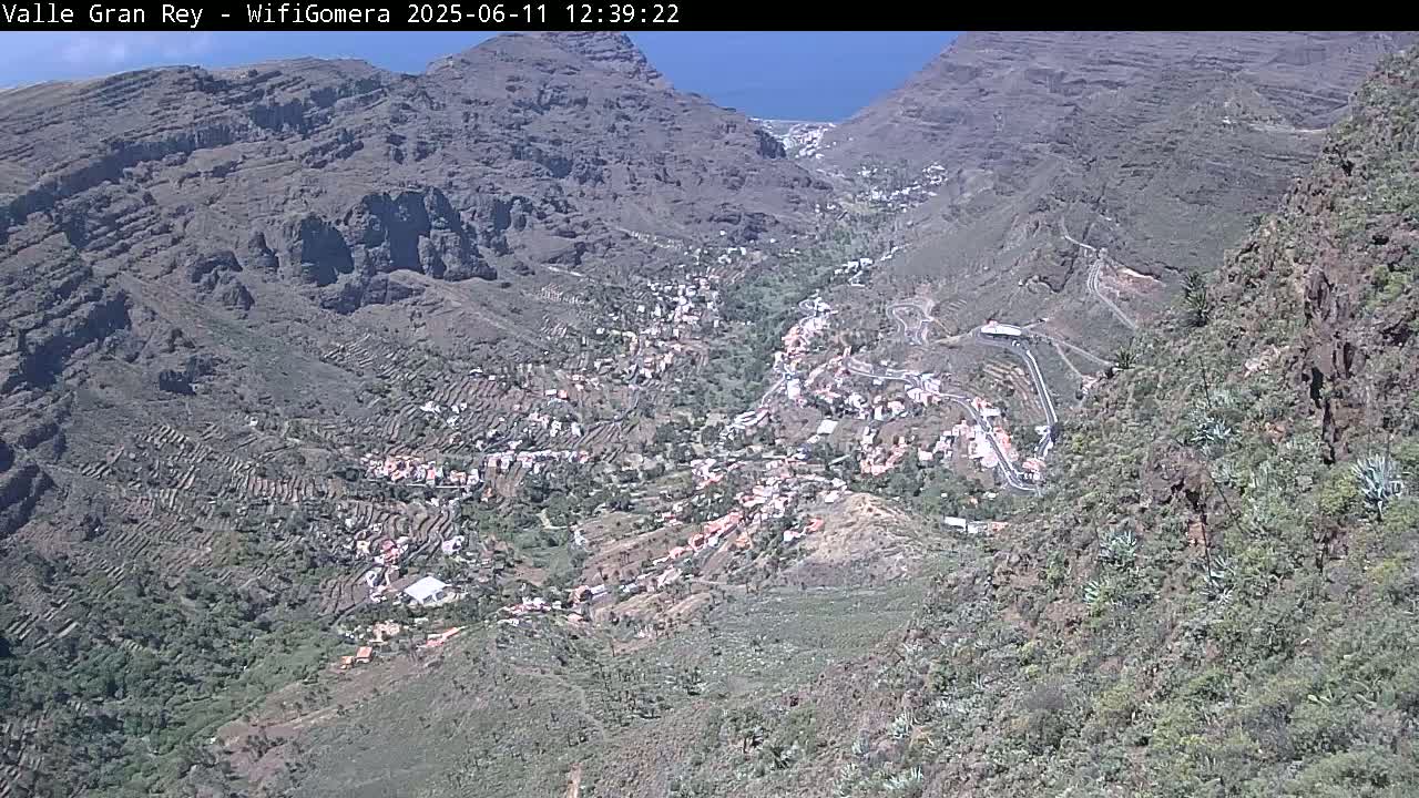A high-angle view shows a town nestled in a valley between steep, rocky mountains under sunny skies.