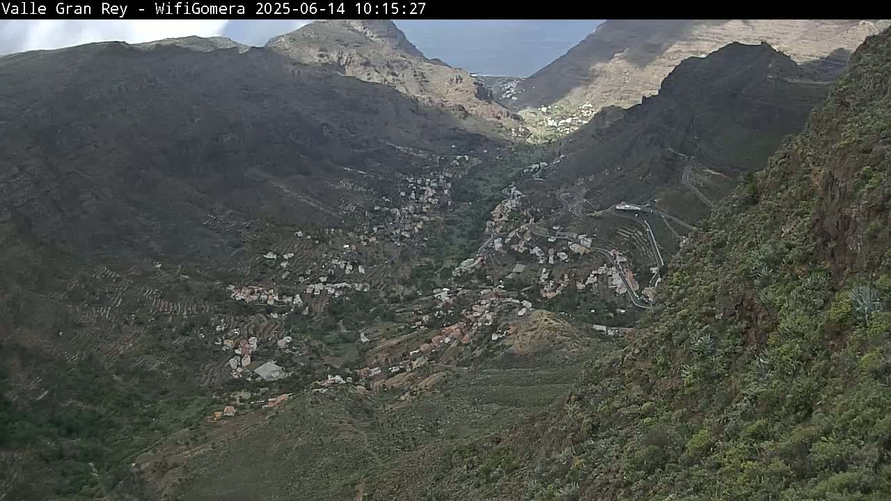 An aerial view shows a village nestled in a mountainous valley on a partly cloudy day.